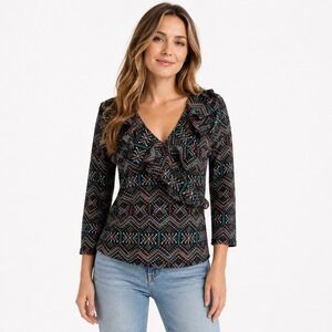 Chaps Mesh Top Large Black Multi Geometric Ruffle V-Neck 3/4 Sleeve Boho